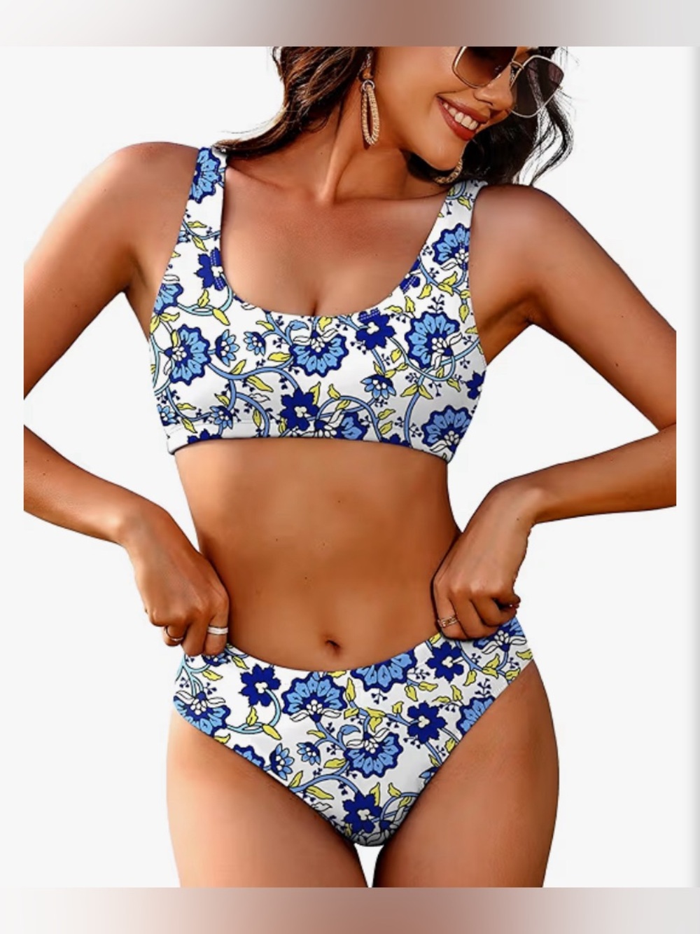 Blue Floral Scoop Bikini Set - Women's Two-Piece